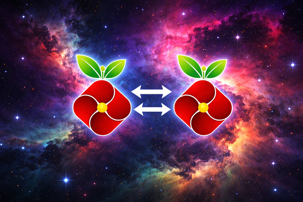 Deux logos PiHole sur fond de nébuleuse qui s'échanges des données