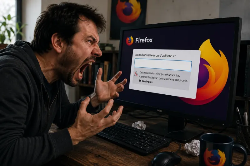 Homme exaspéré criant devant un écran Firefox affichant un avertissement de sécurité sur une page de connexion.